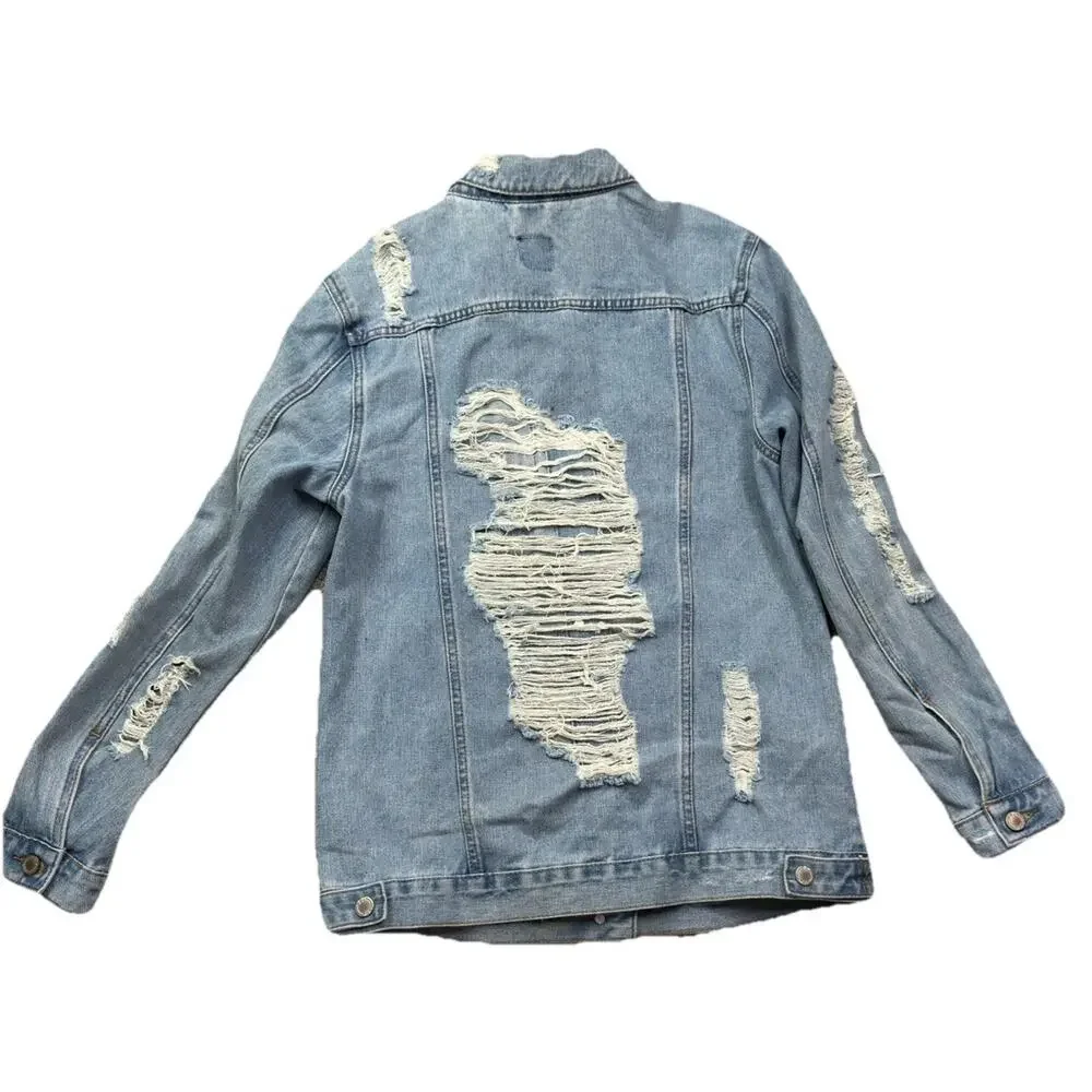 Boom Boom Jean Denim Jacket Distressed Size Medium‎ Western Rodeo Boho oversized